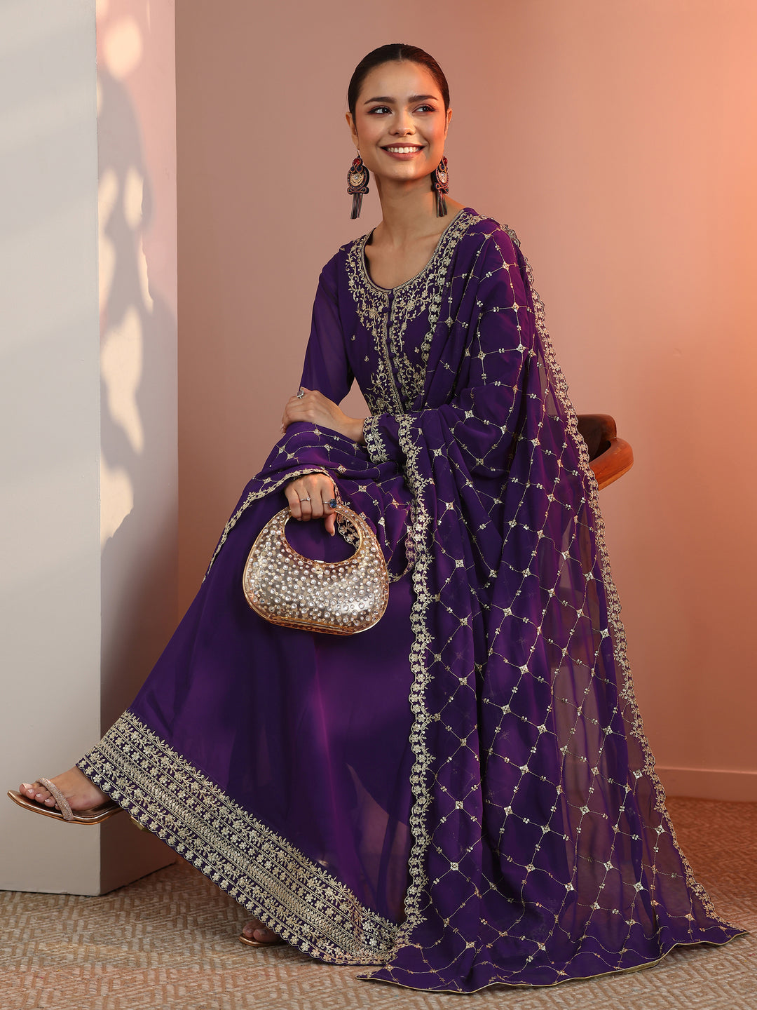  Purple Embellished Georgette Anarkali Suit Set With Dupatta 