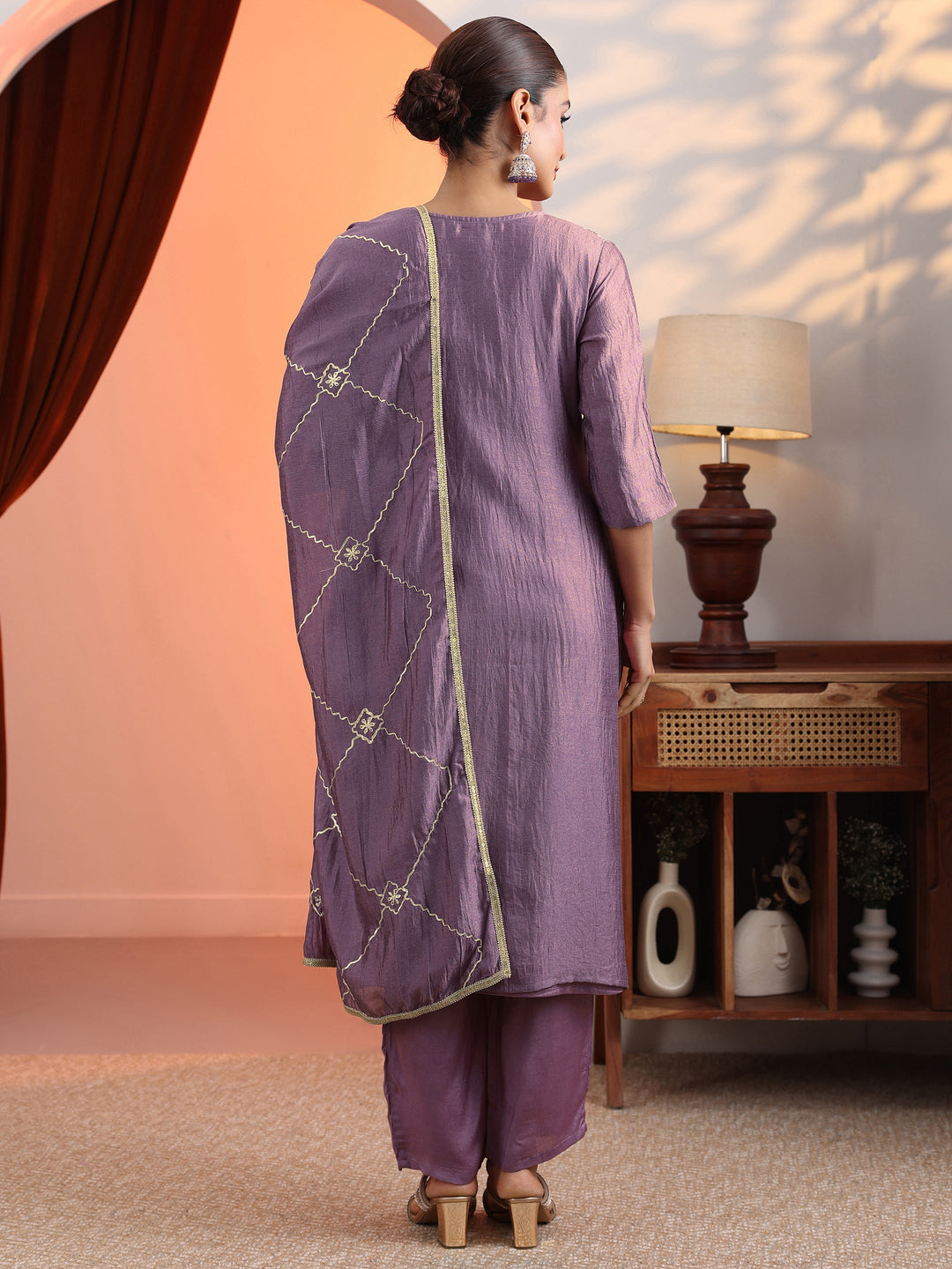  Mauve Embroidered Chinon Straight Suit Set With Dupatta 