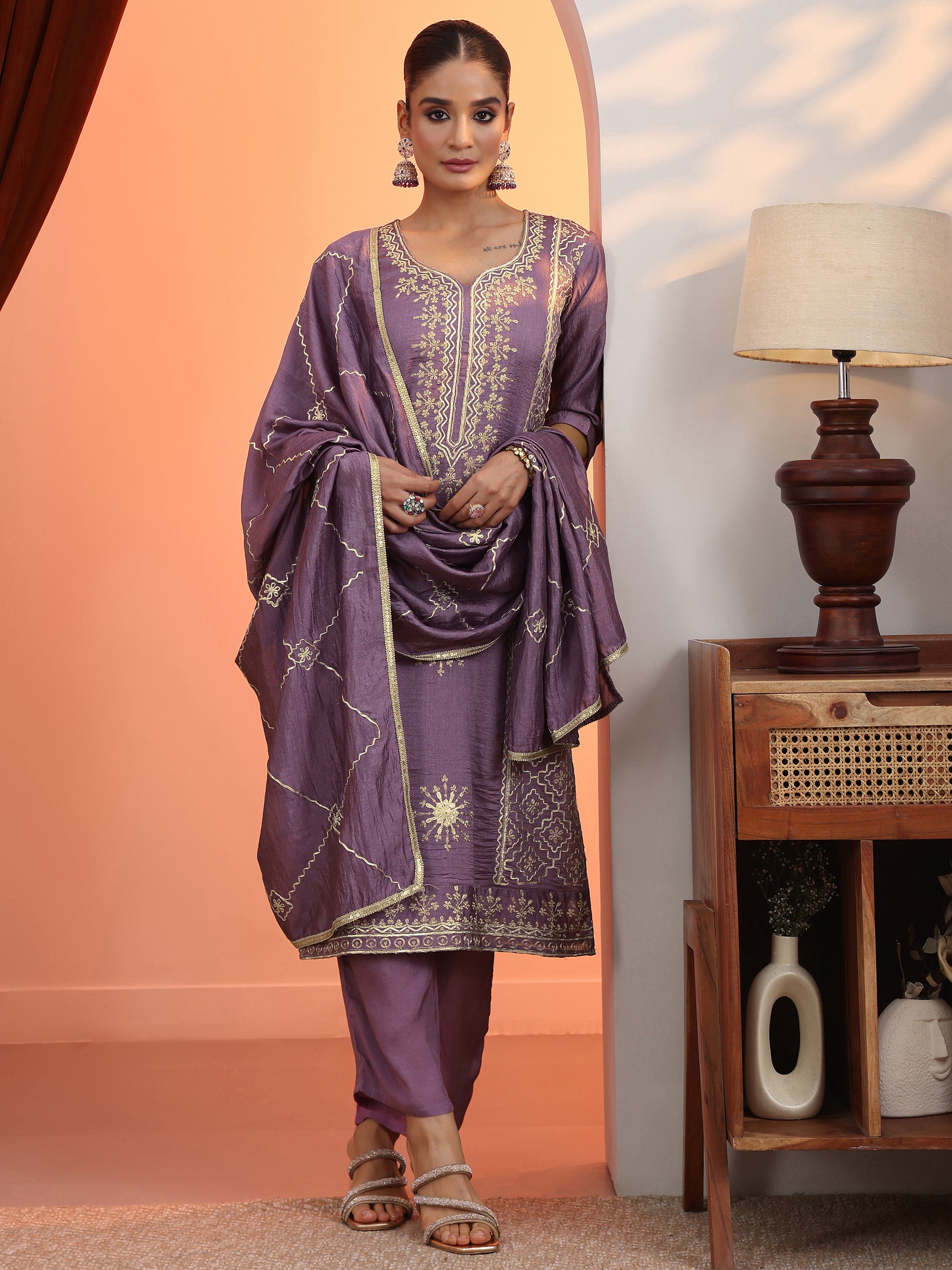 libas Mauve Embroidered Chinon Straight Suit Set With Dupatta-picture-51