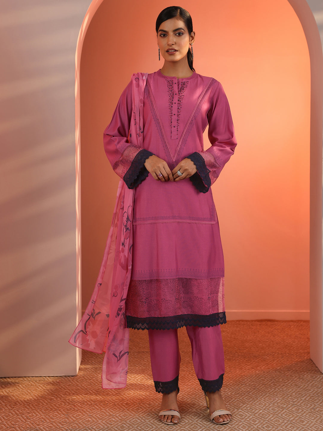  Pink Embellished Silk Blend Straight Suit Set With Dupatta 