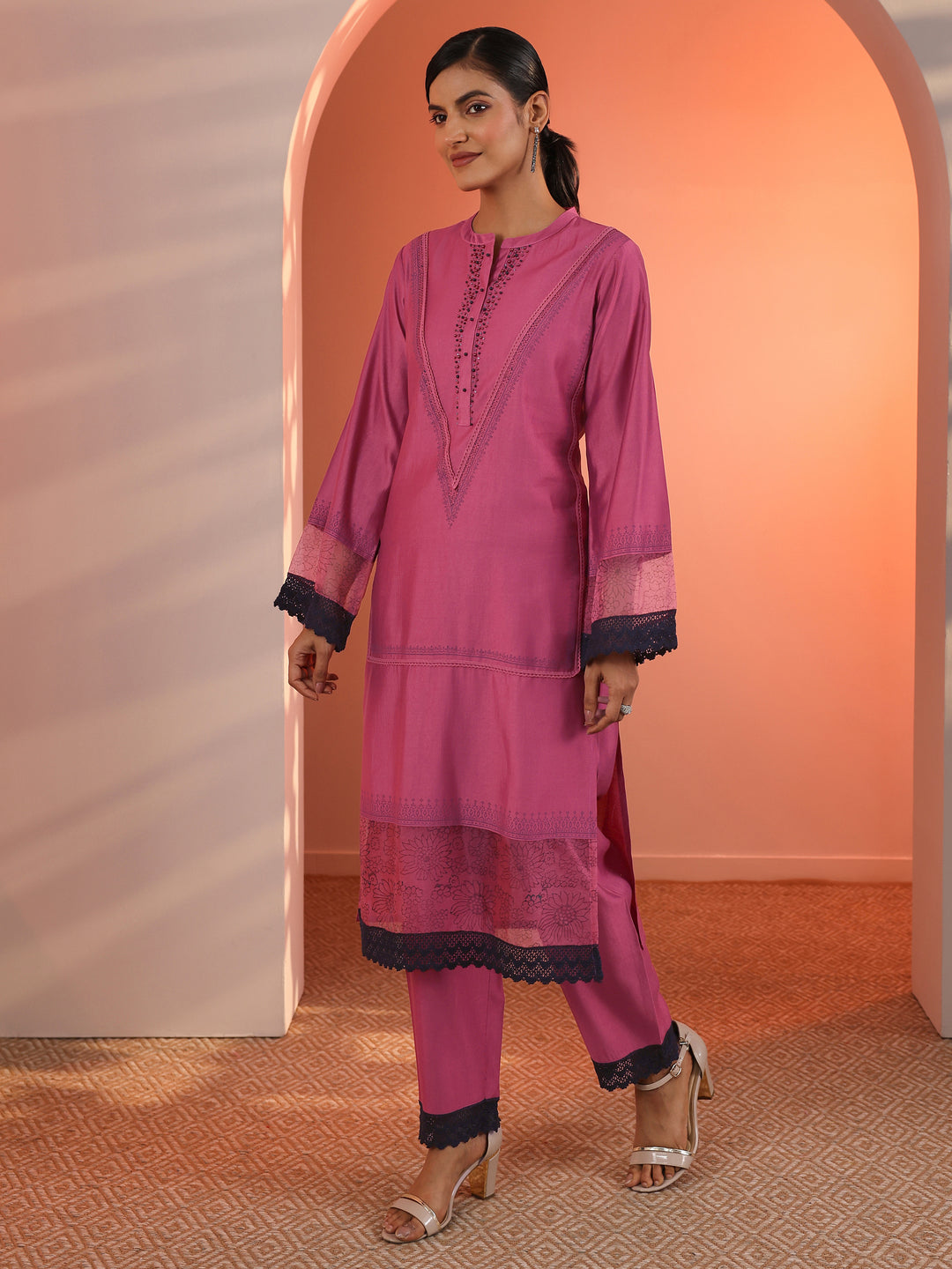 Pink Embellished Silk Blend Straight Suit Set With Dupatta 