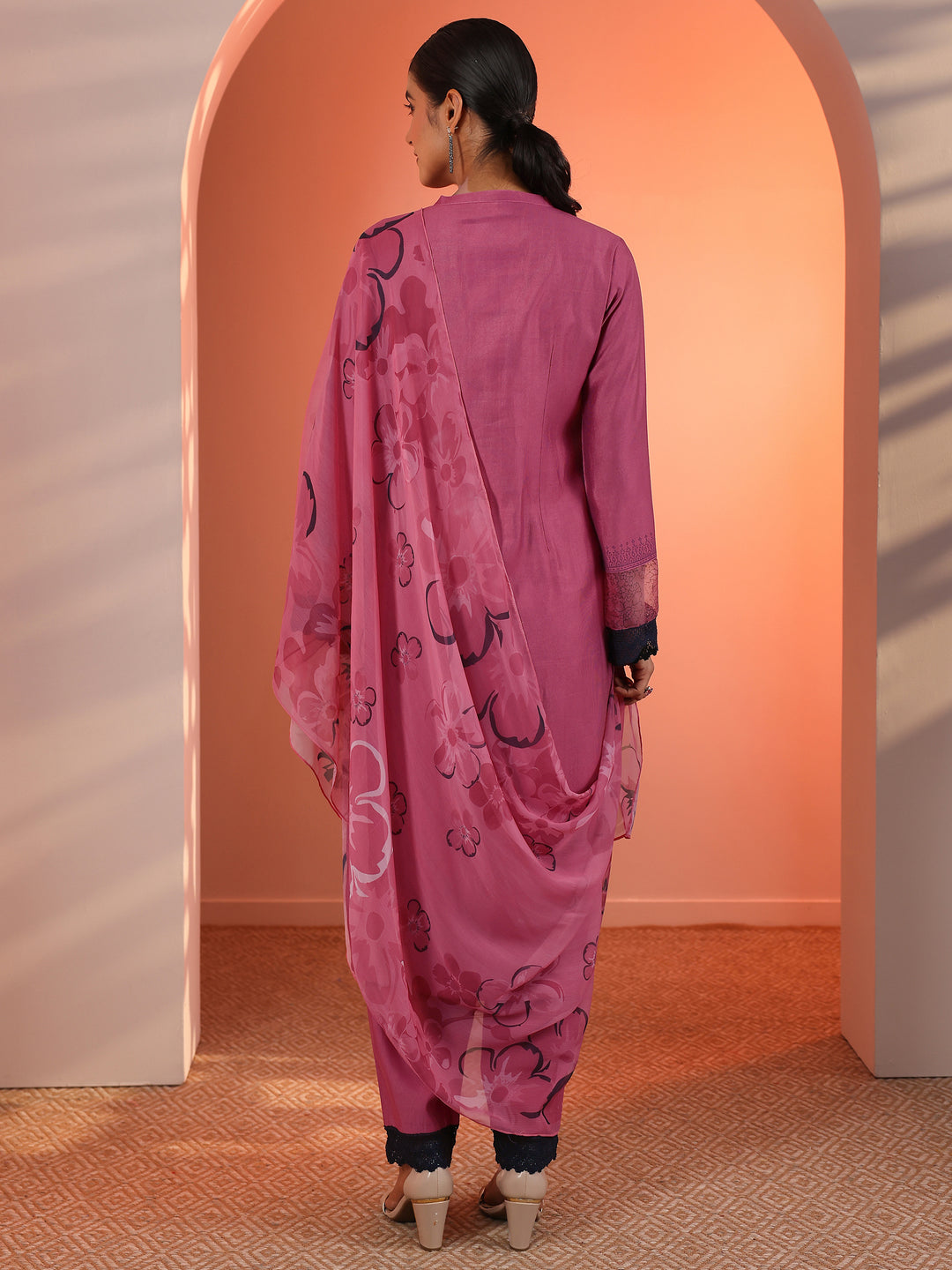  Pink Embellished Silk Blend Straight Suit Set With Dupatta 