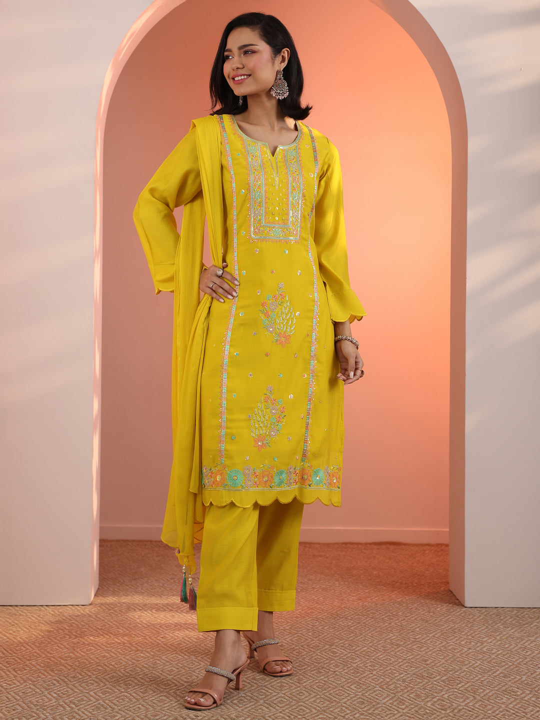  Yellow Embroidered Silk Blend Straight Suit Set With Dupatta 