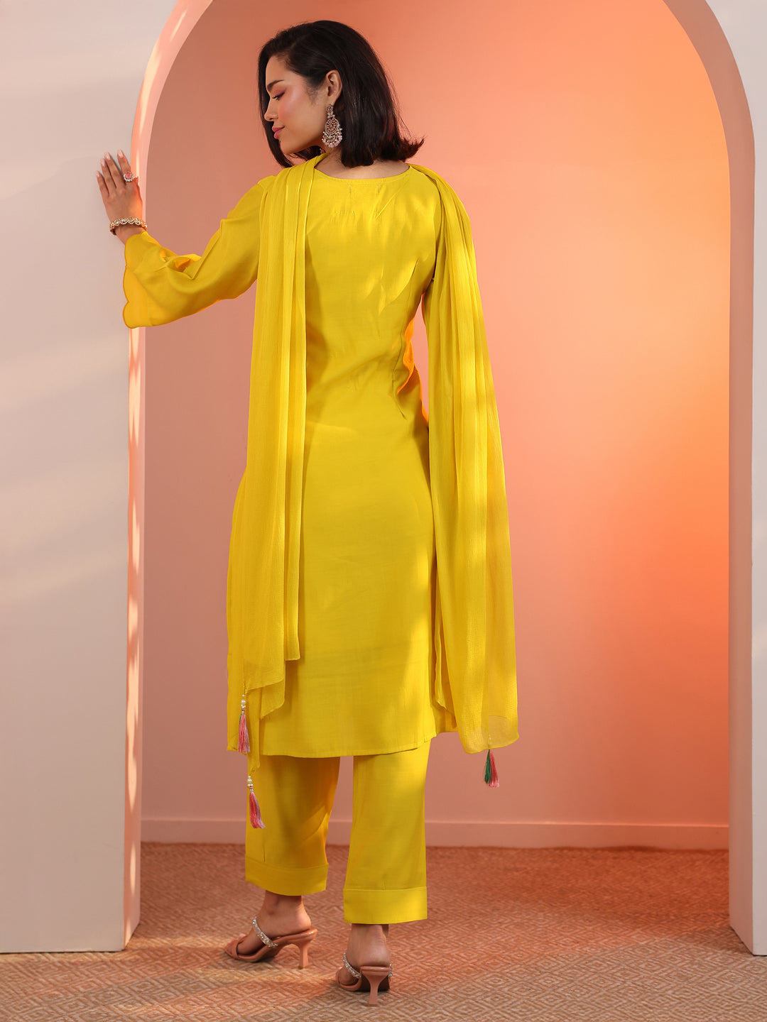  Yellow Embroidered Silk Blend Straight Suit Set With Dupatta 