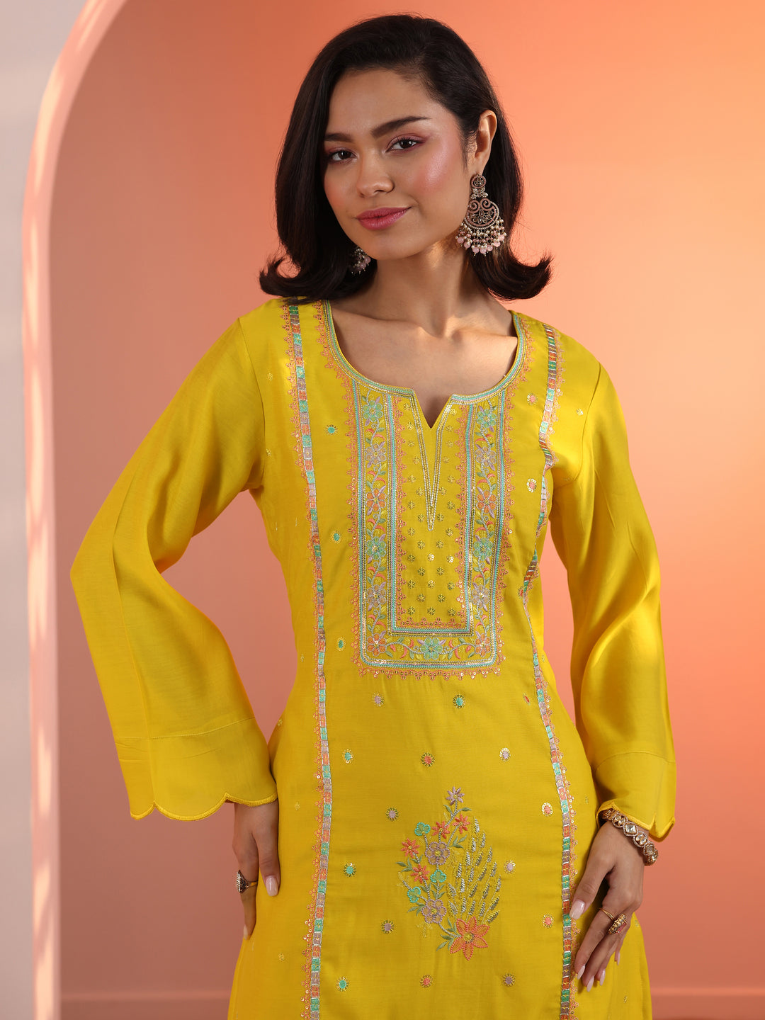  Yellow Embroidered Silk Blend Straight Suit Set With Dupatta 