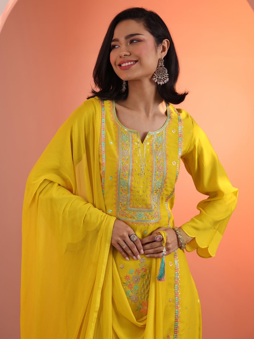  Yellow Embroidered Silk Blend Straight Suit Set With Dupatta 