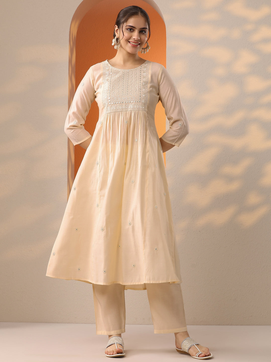  Off White Embroidered Silk Blend A-Line Kurta Set 