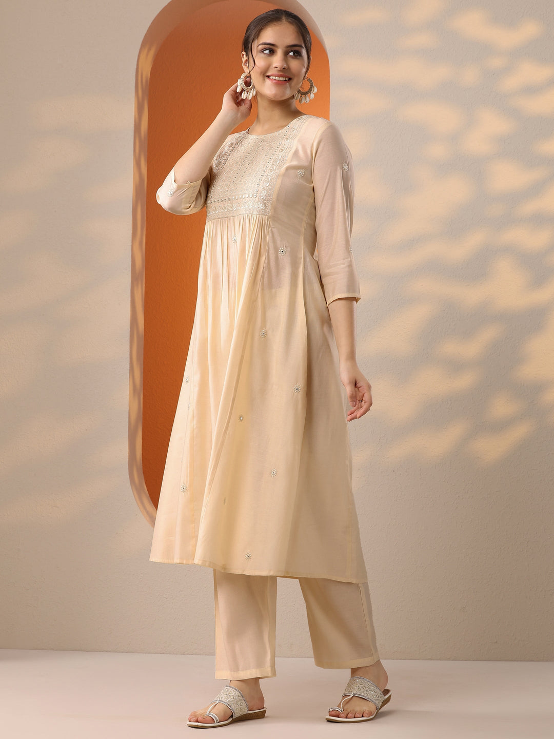  Off White Embroidered Silk Blend A-Line Kurta Set 