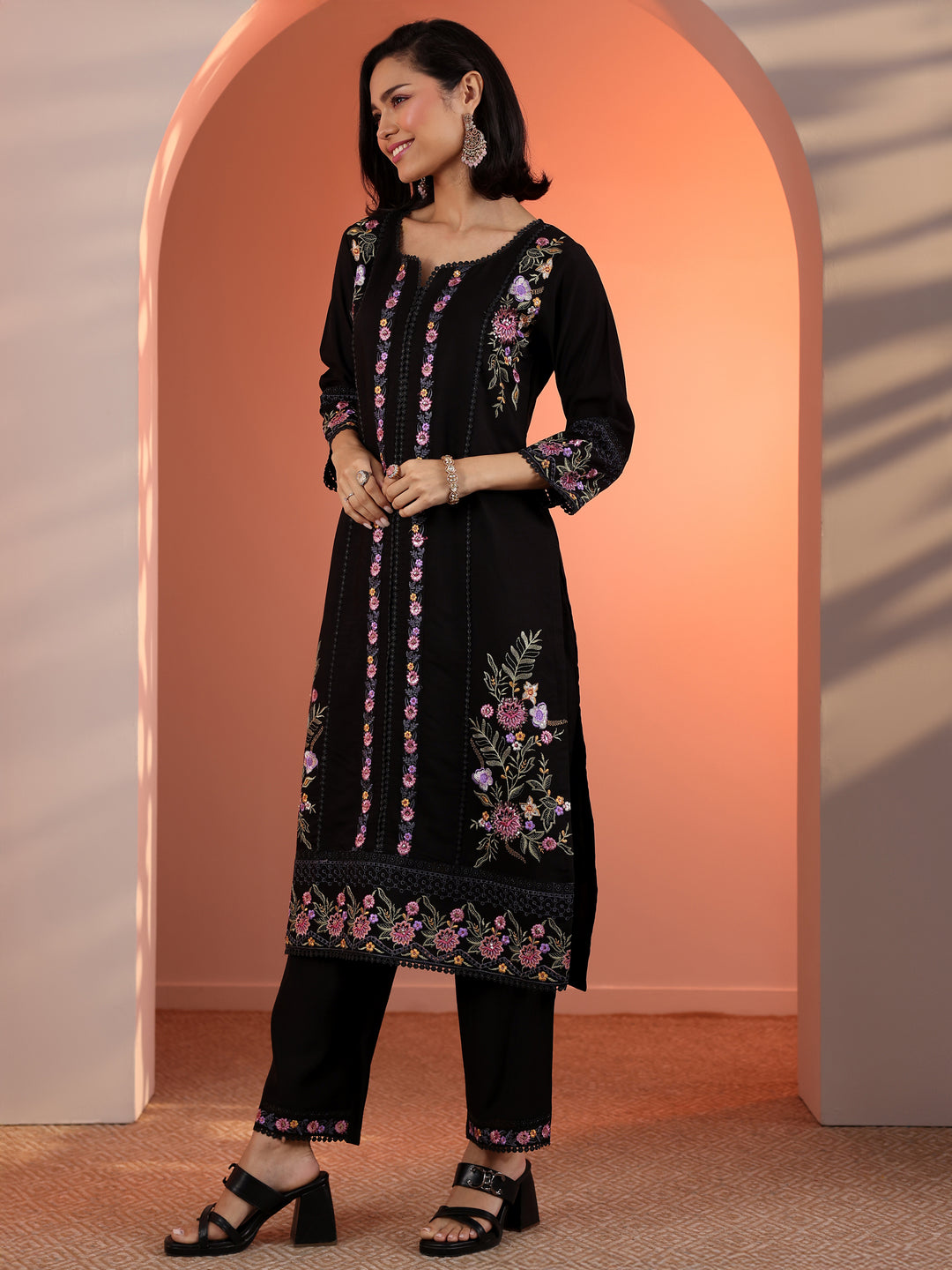  Black Embroidered Silk Blend Straight Suit Set With Dupatta 