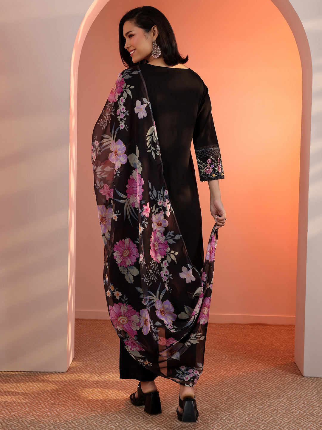  Black Embroidered Silk Blend Straight Suit Set With Dupatta 