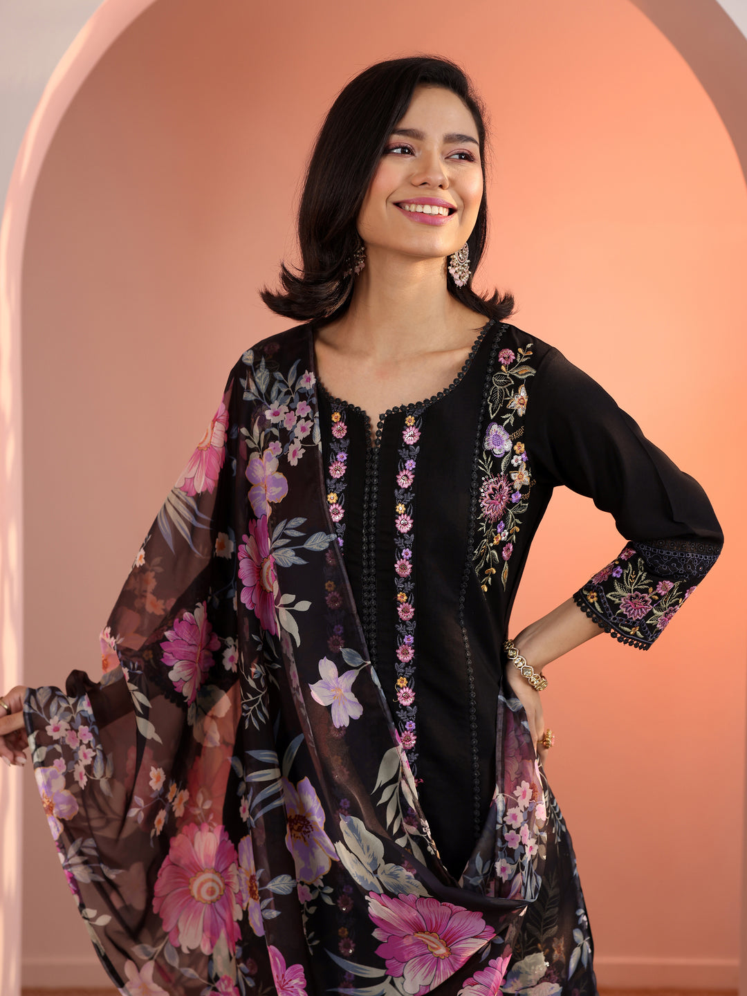  Black Embroidered Silk Blend Straight Suit Set With Dupatta 