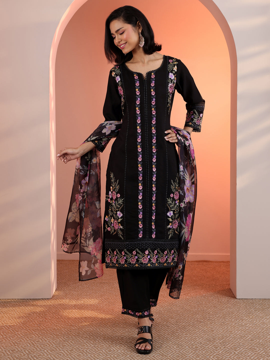  Black Embroidered Silk Blend Straight Suit Set With Dupatta 