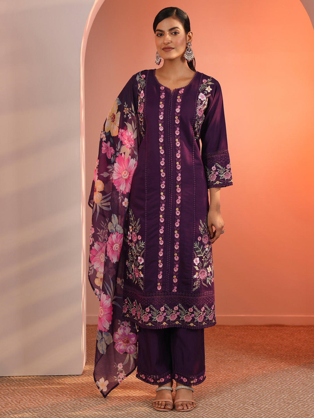  Burgundy Embroidered Silk Blend Straight Suit Set With Dupatta 