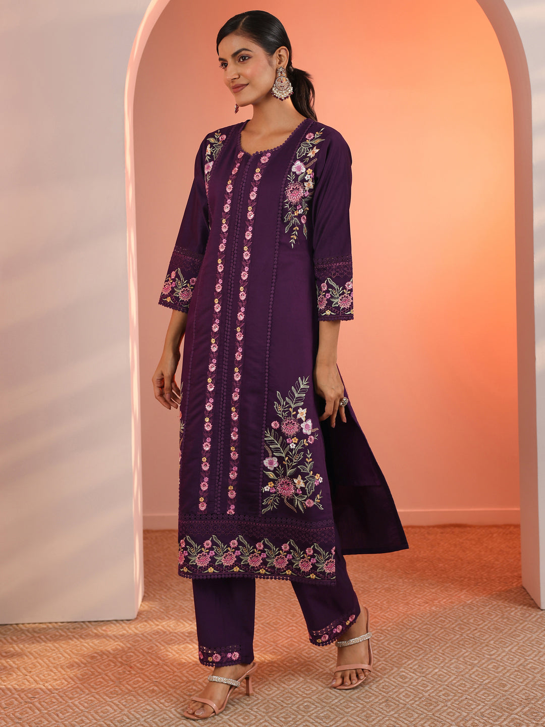  Burgundy Embroidered Silk Blend Straight Suit Set With Dupatta 