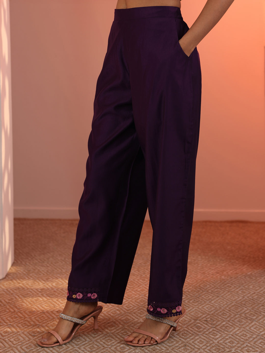  Burgundy Embroidered Silk Blend Straight Suit Set With Dupatta 