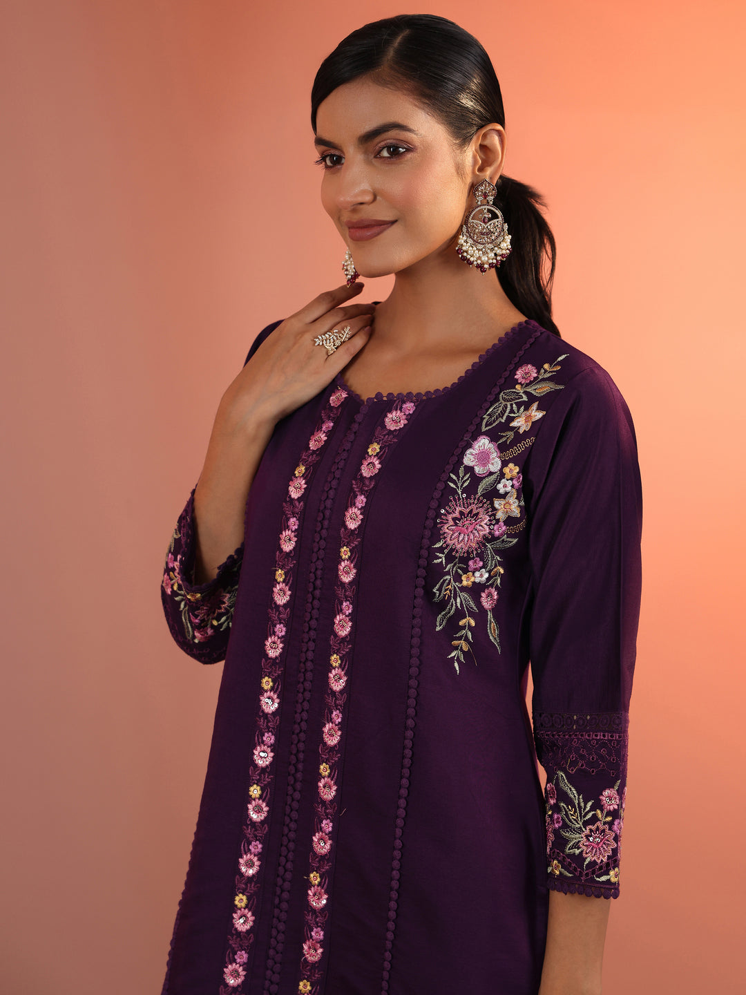  Burgundy Embroidered Silk Blend Straight Suit Set With Dupatta 