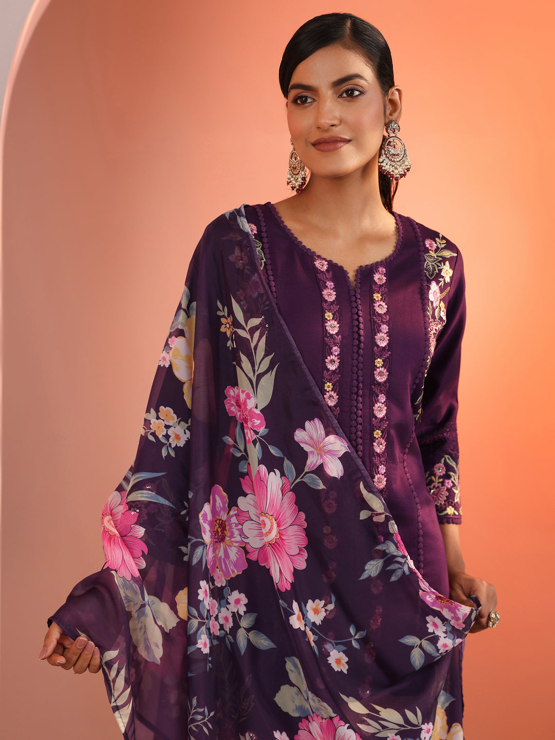  Burgundy Embroidered Silk Blend Straight Suit Set With Dupatta 