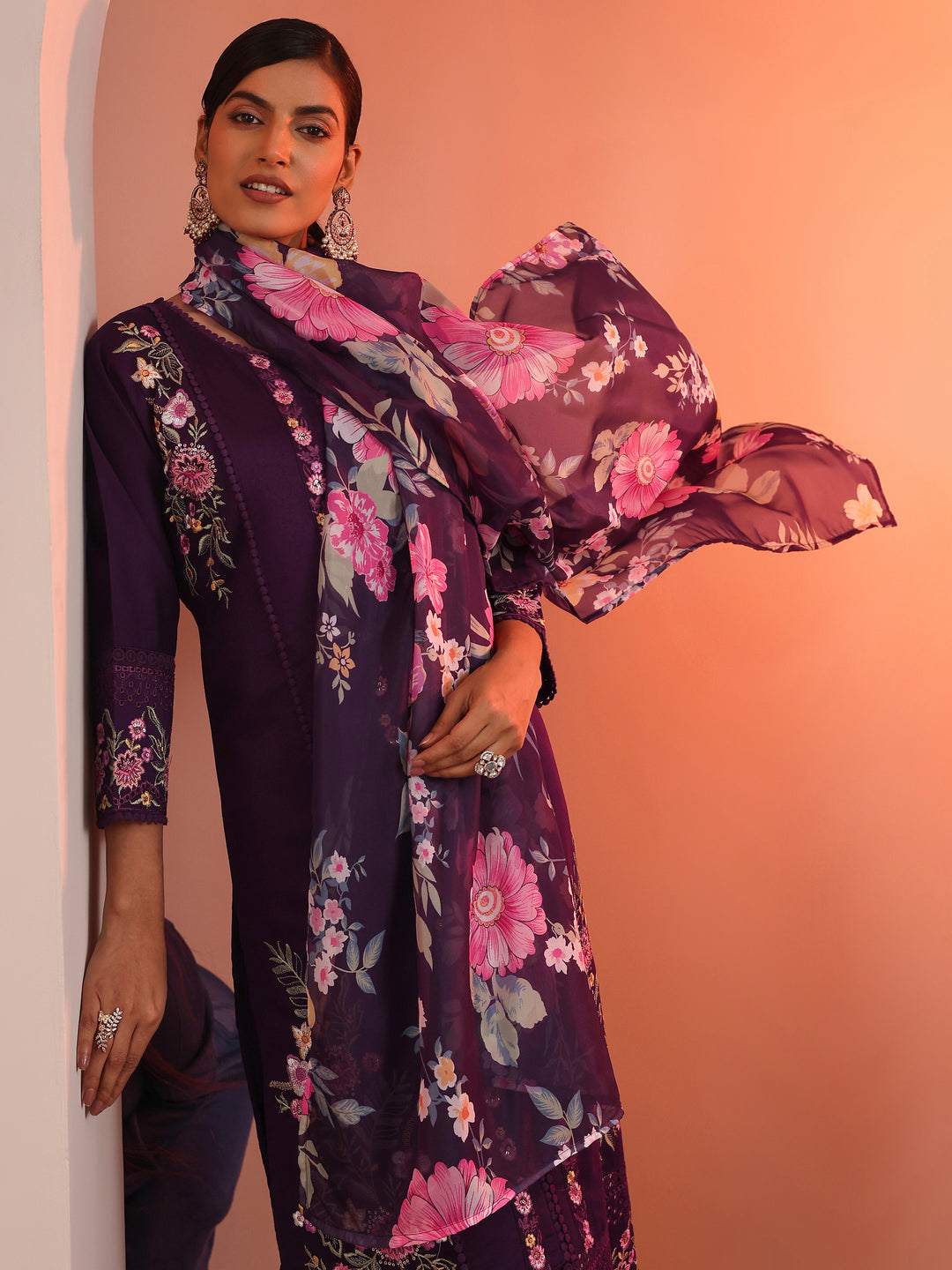  Burgundy Embroidered Silk Blend Straight Suit Set With Dupatta 