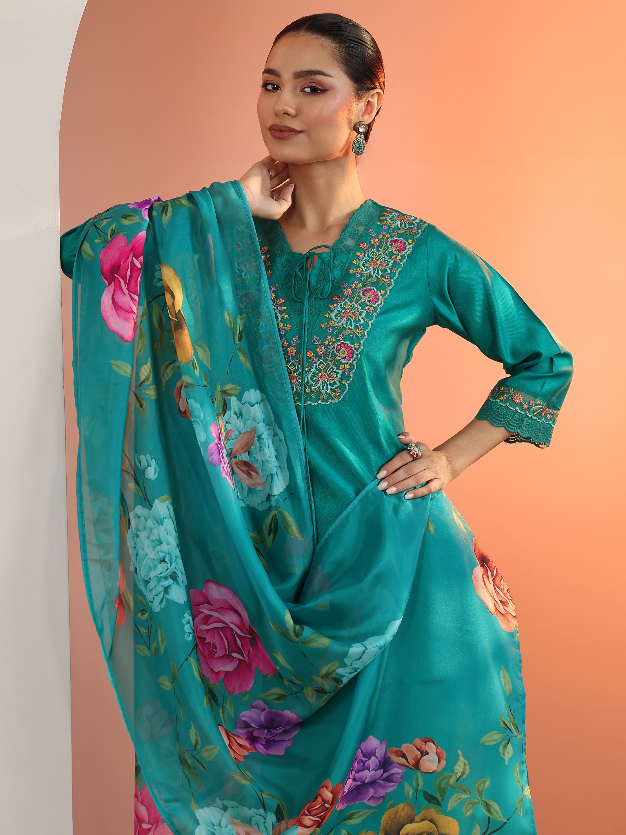 libas Blue Embroidered Silk Blend Straight Suit Set With Dupatta-picture-60