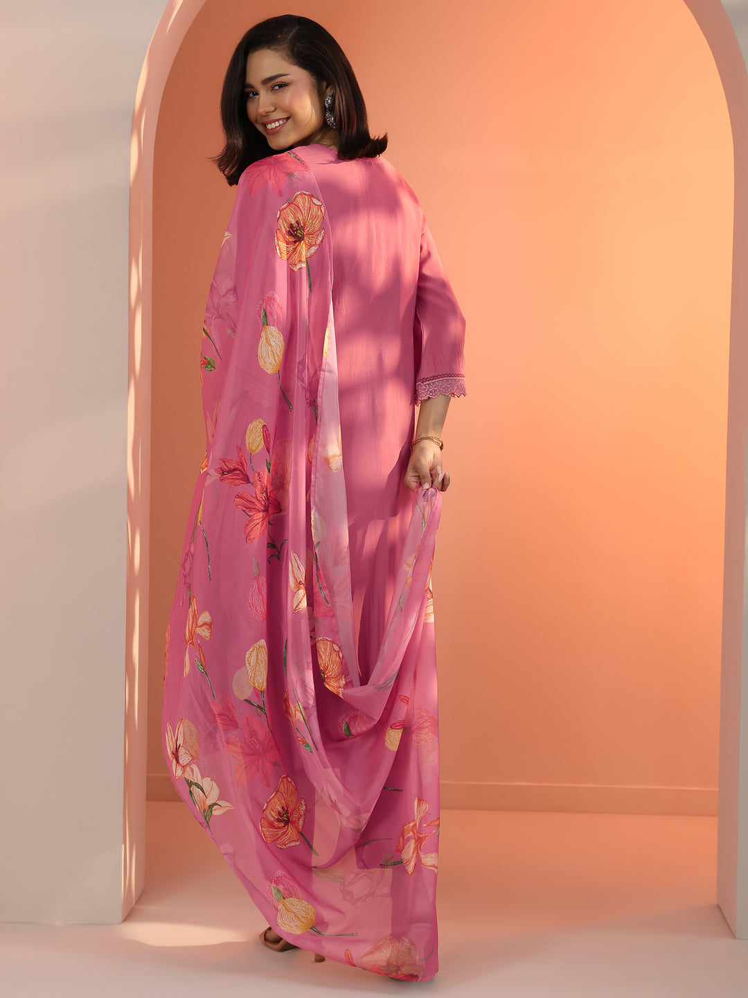  Pink Embroidered Silk Blend Straight Suit Set With Dupatta 