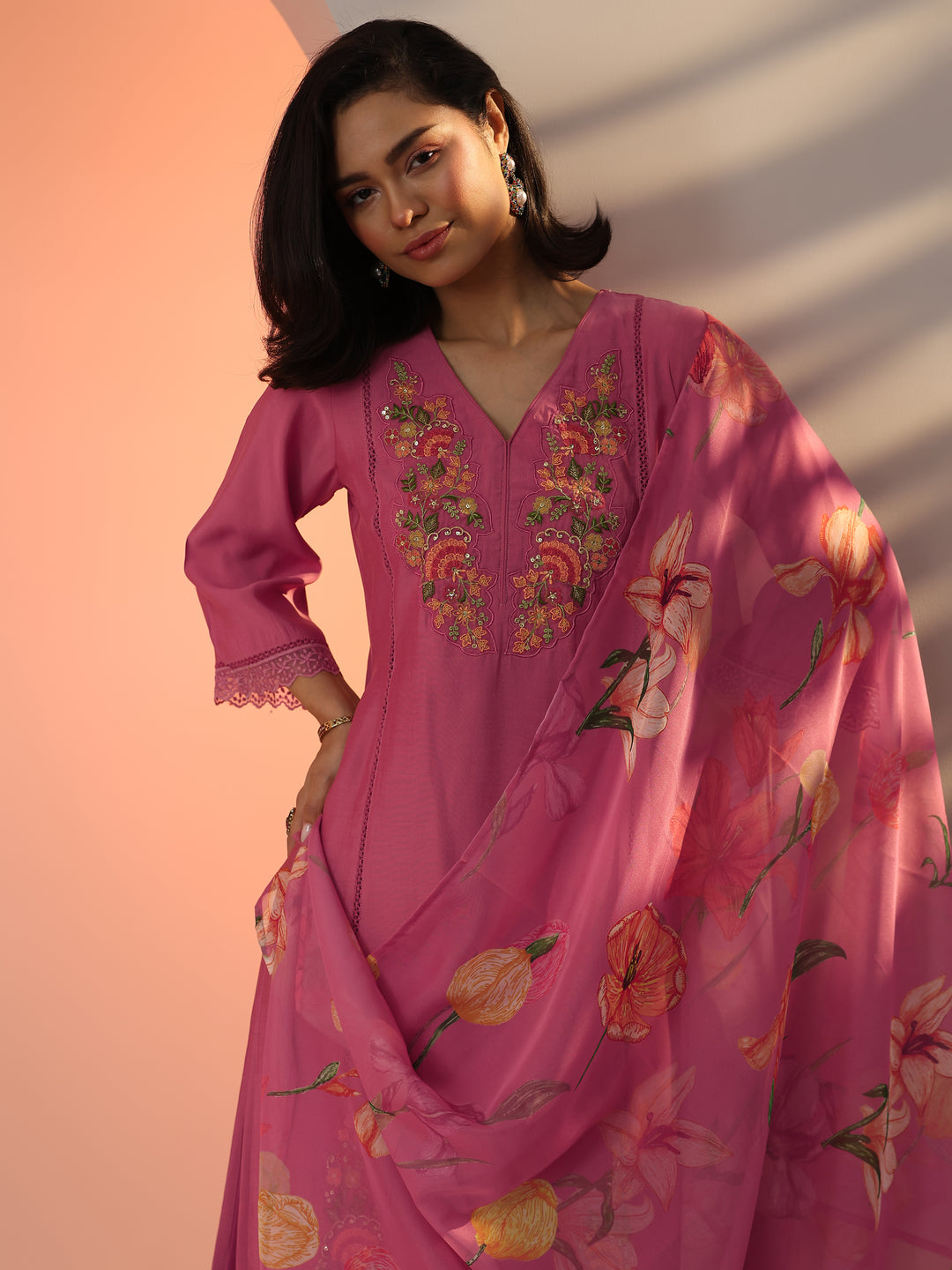  Pink Embroidered Silk Blend Straight Suit Set With Dupatta 