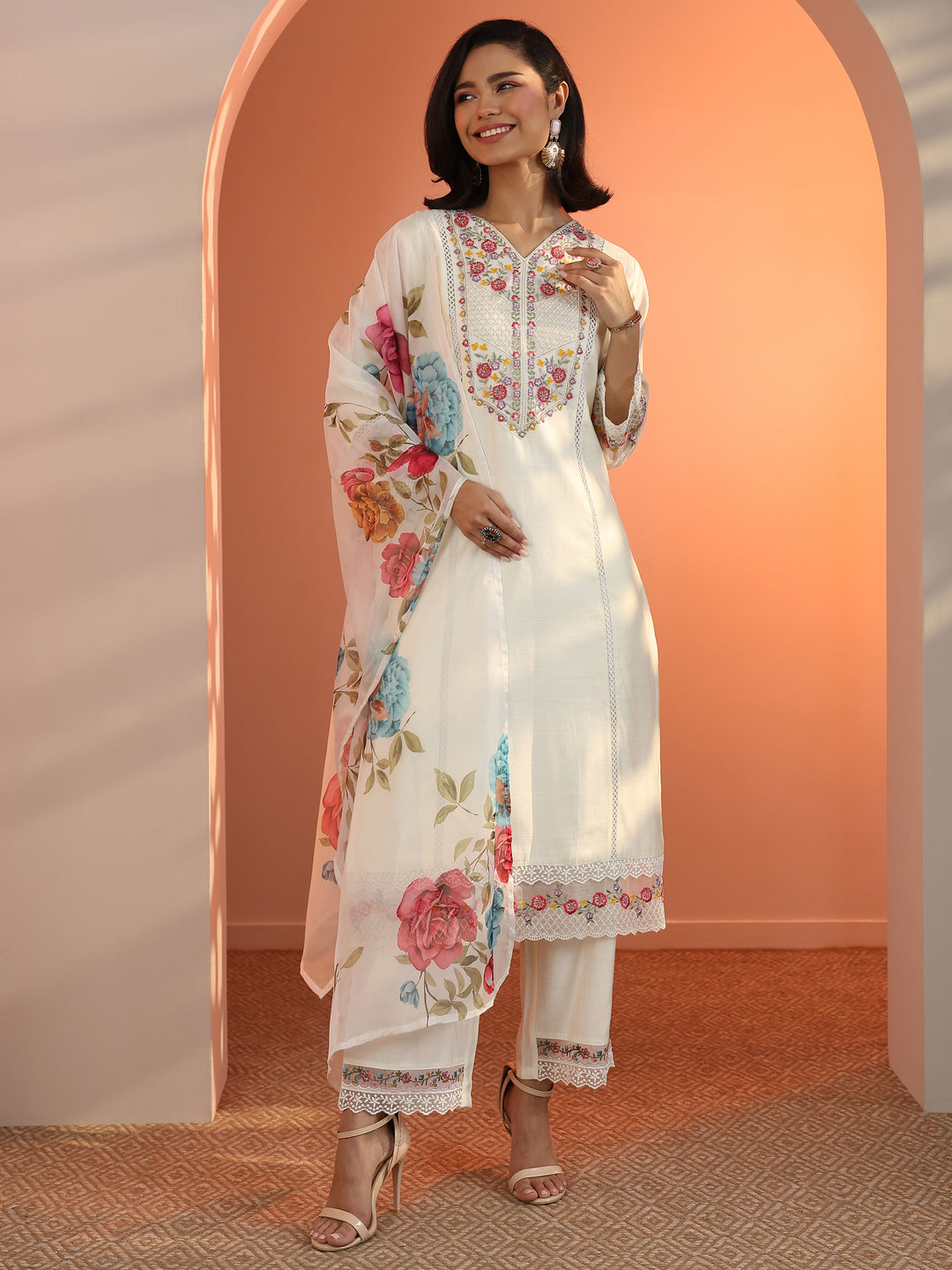 Off White Embroidered Silk Blend Straight Suit Set With Dupatta