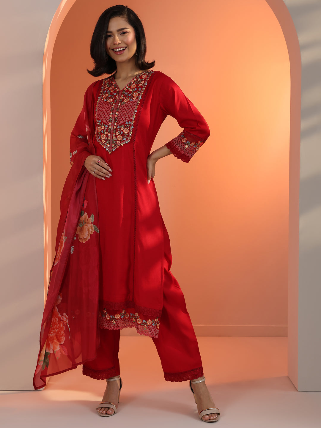  Red Embroidered Silk Blend Straight Suit Set With Dupatta 