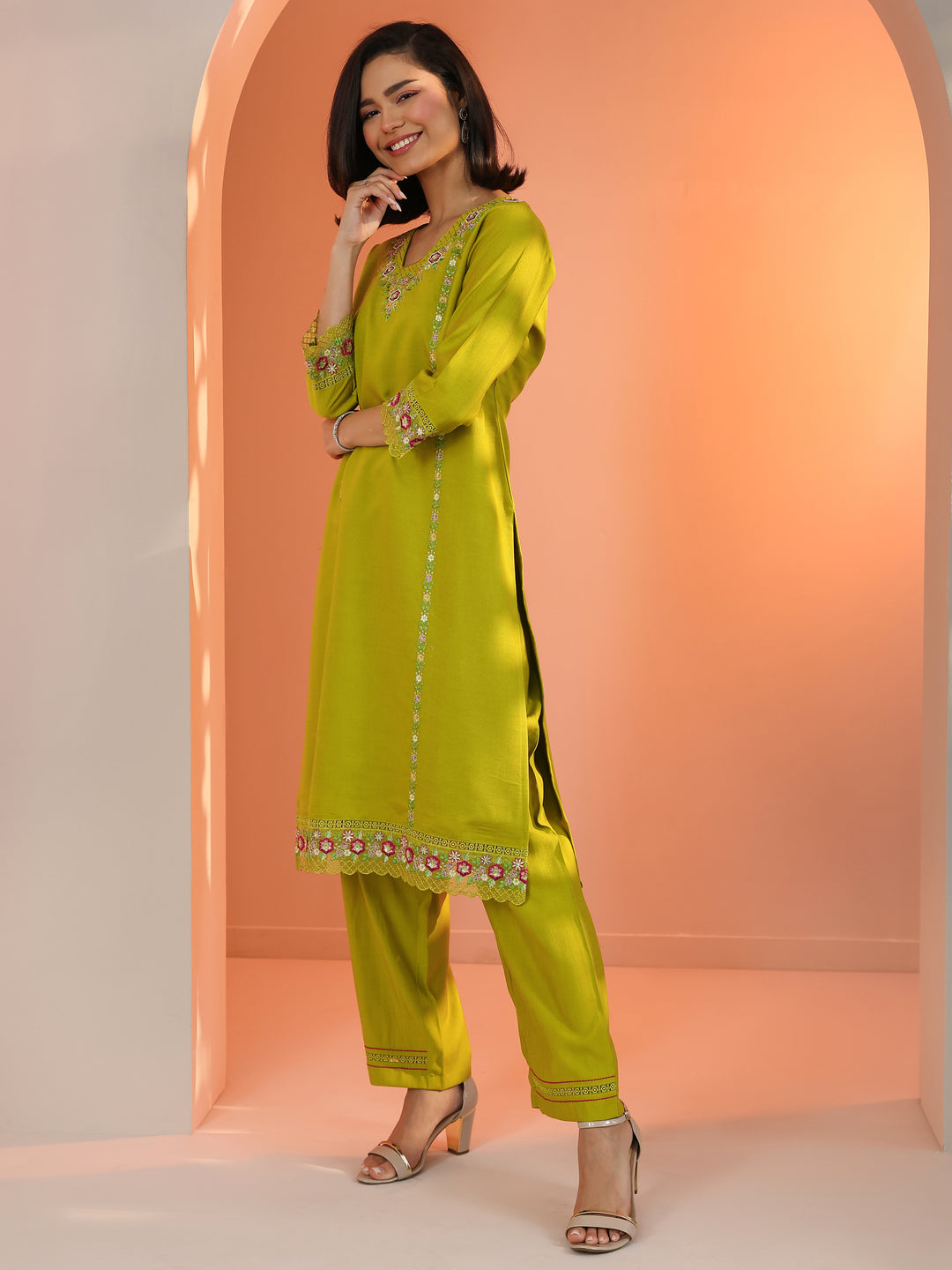  Mustard Embroidered Silk Blend Straight Suit Set With Dupatta 