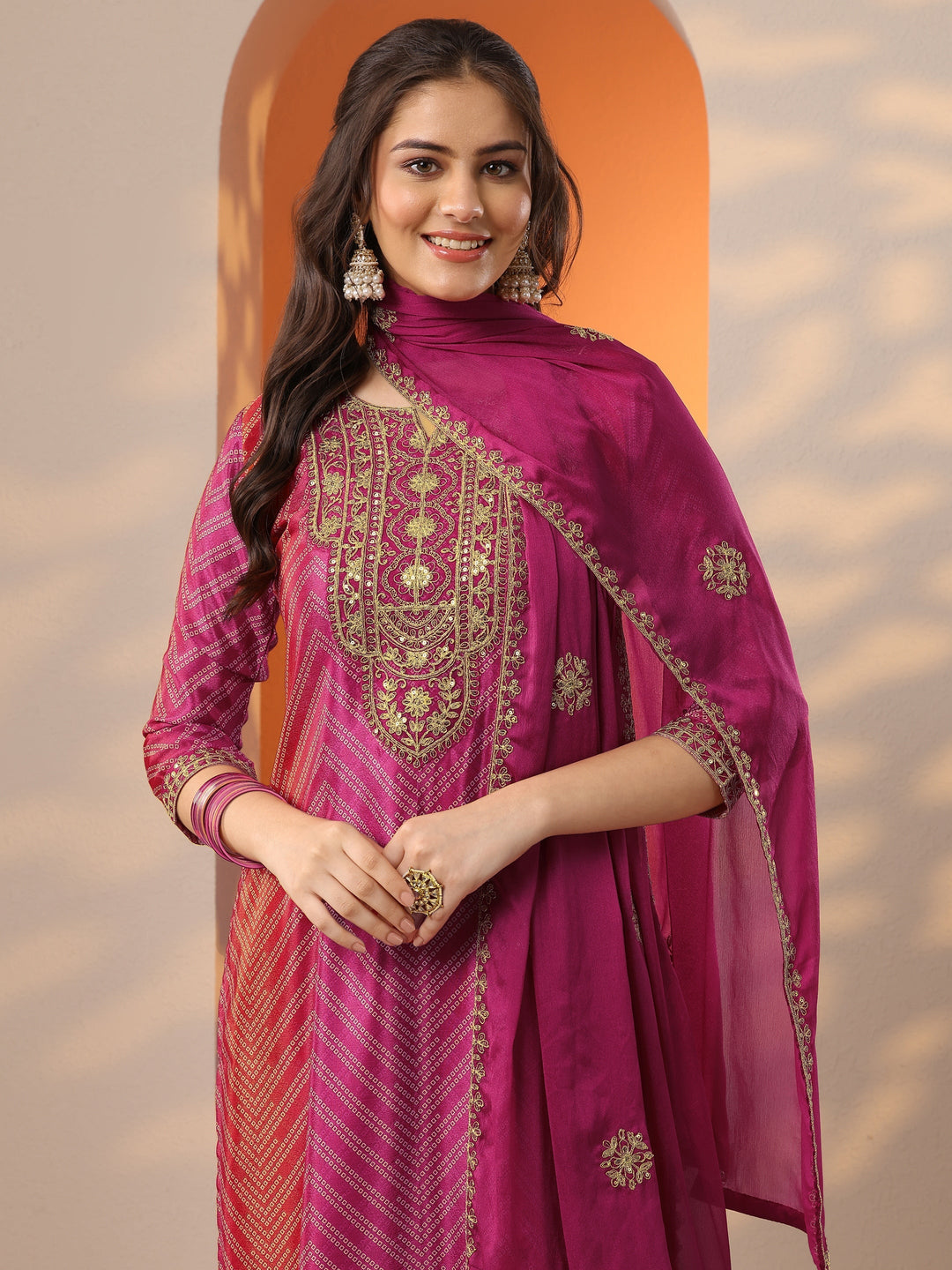  Pink Printed Chinon Straight Suit Set With Dupatta 