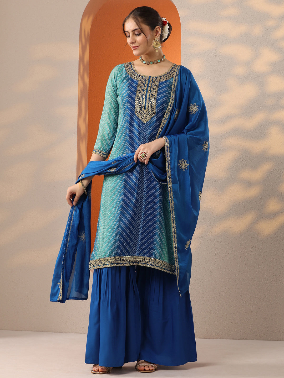  Blue Printed Chinon Straight Suit Set With Dupatta 