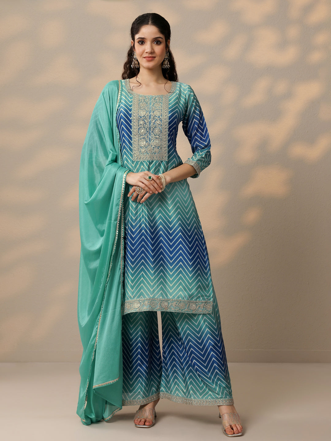  Blue Printed Chinon Straight Suit Set With Dupatta 