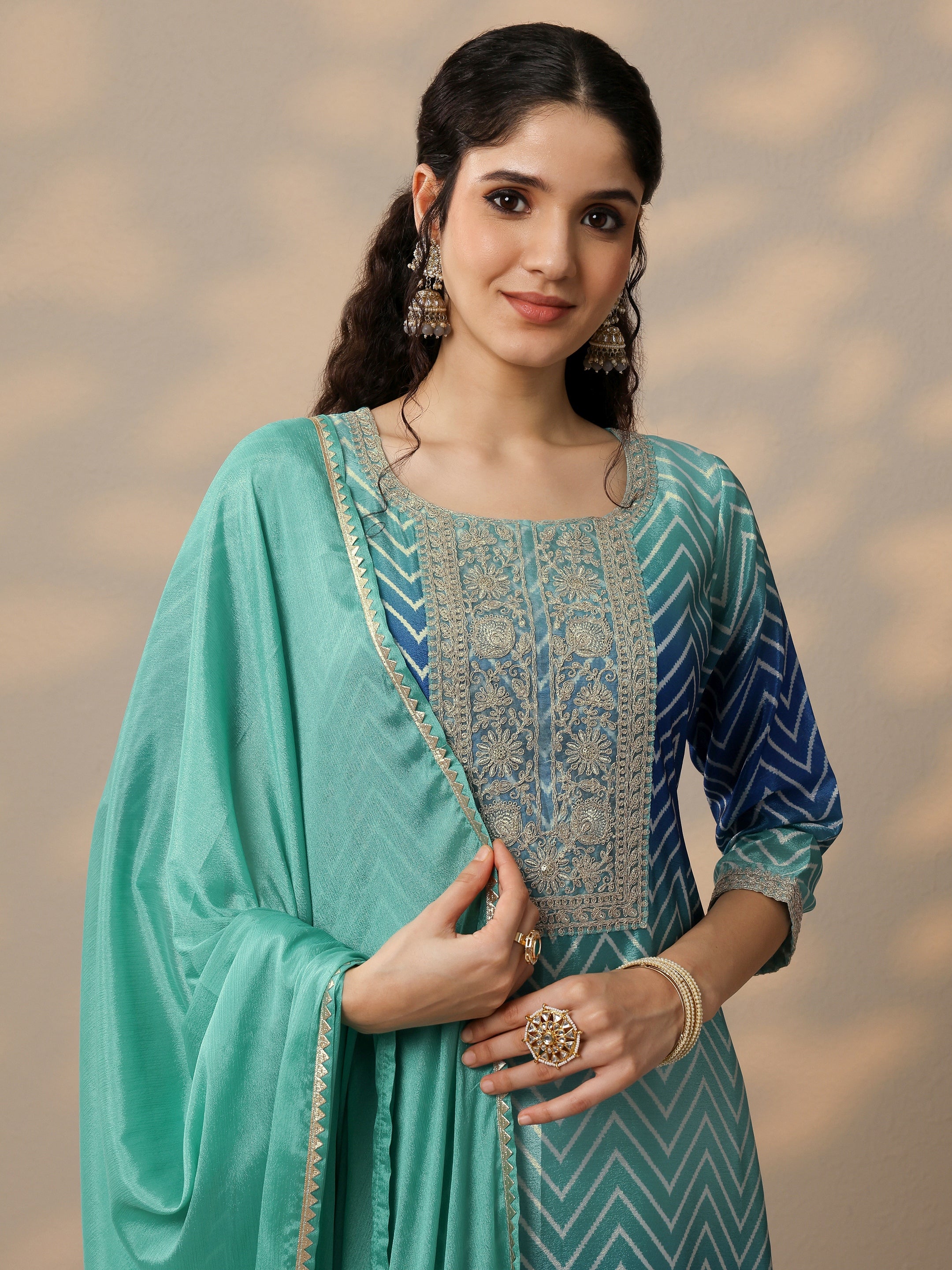 libas Blue Printed Chinon Straight Suit Set With Dupatta-picture-44