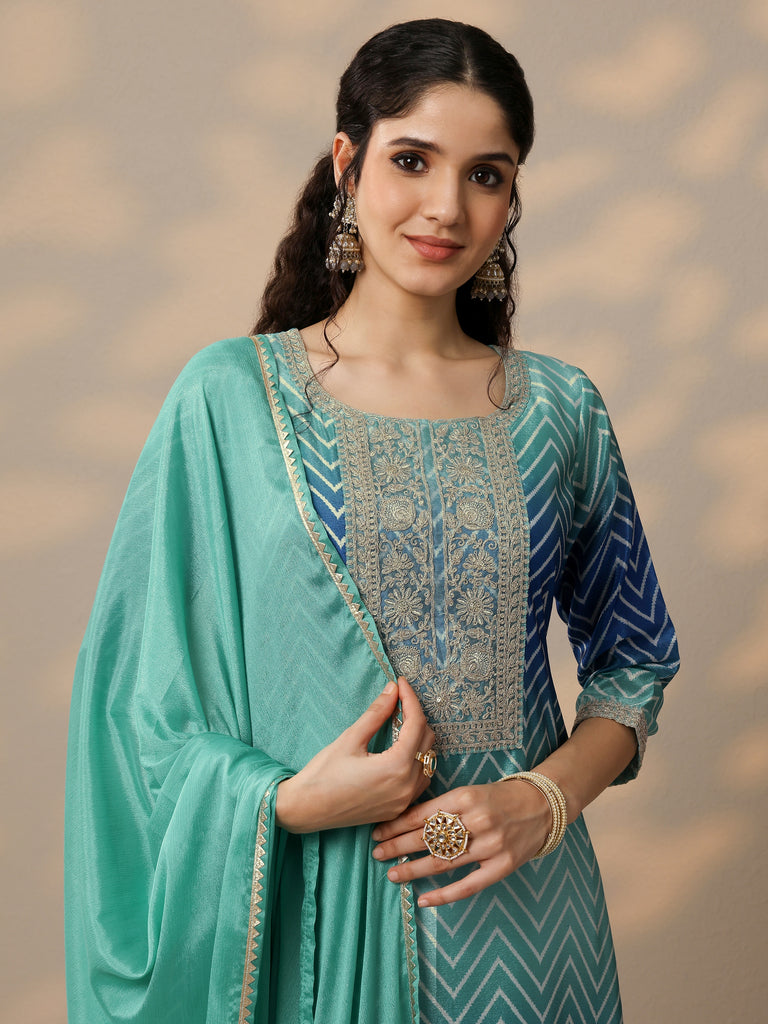 Libas Blue Printed Chinon Straight Suit Set With Dupatta