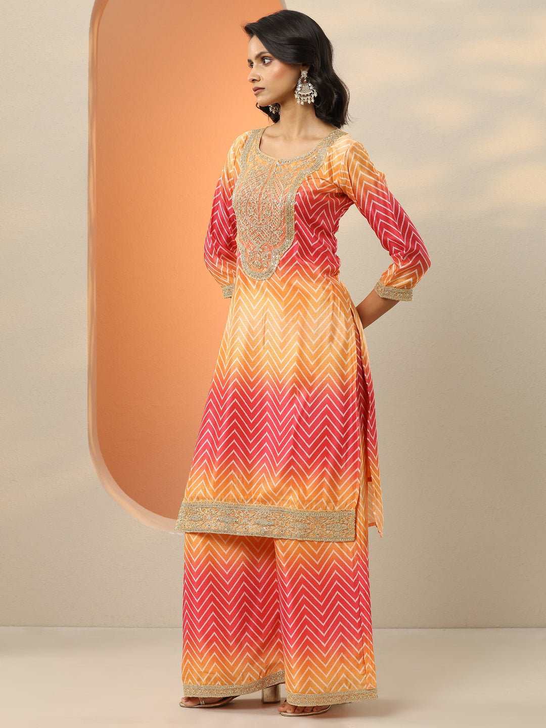  Orange Printed Chinon  Straight Suit Set With Dupatta 