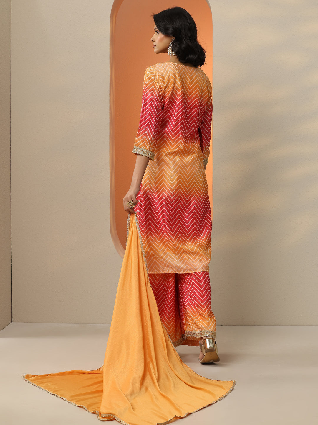  Orange Printed Chinon  Straight Suit Set With Dupatta 