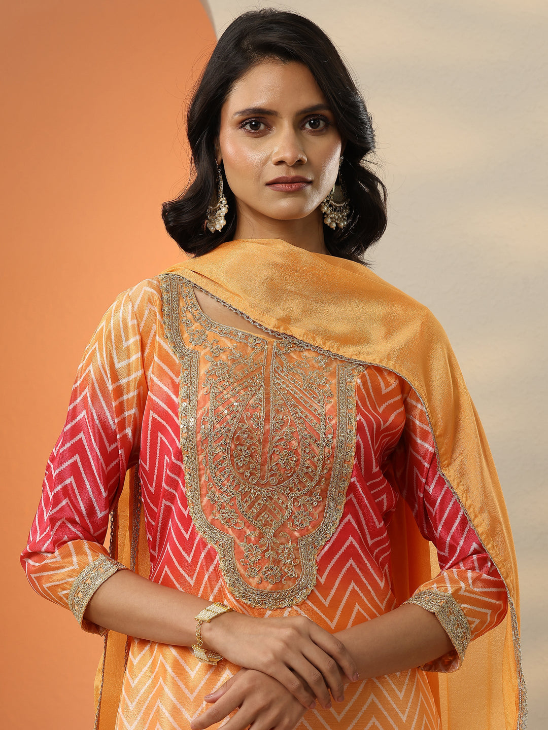  Orange Printed Chinon  Straight Suit Set With Dupatta 