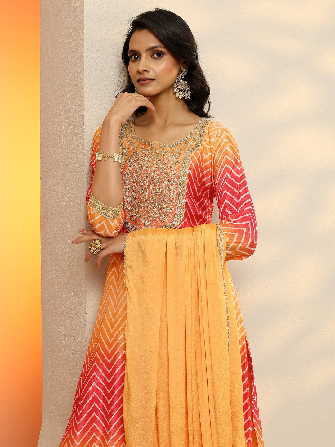 Orange Printed Chinon  Straight Suit Set With Dupatta