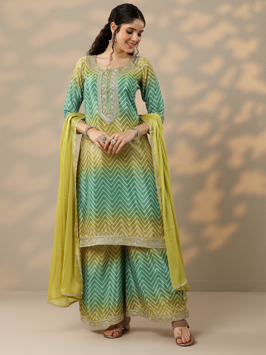  Green Printed Chinon Straight Suit Set With Dupatta 