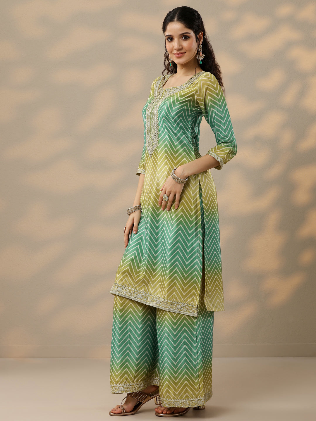  Green Printed Chinon Straight Suit Set With Dupatta 