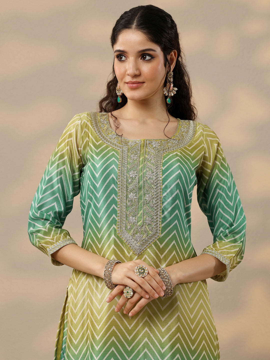  Green Printed Chinon Straight Suit Set With Dupatta 