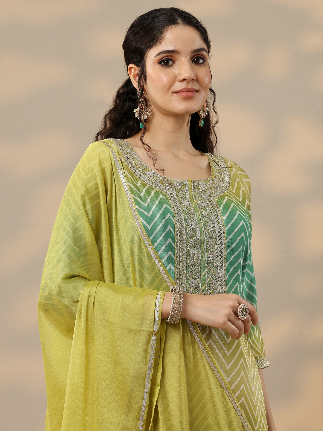  Green Printed Chinon Straight Suit Set With Dupatta 