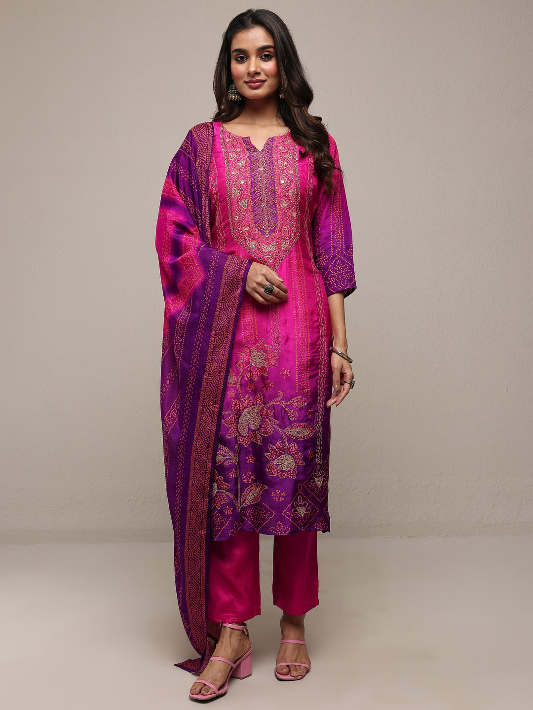  Pink Printed Silk Blend Straight Suit Set With Dupatta 