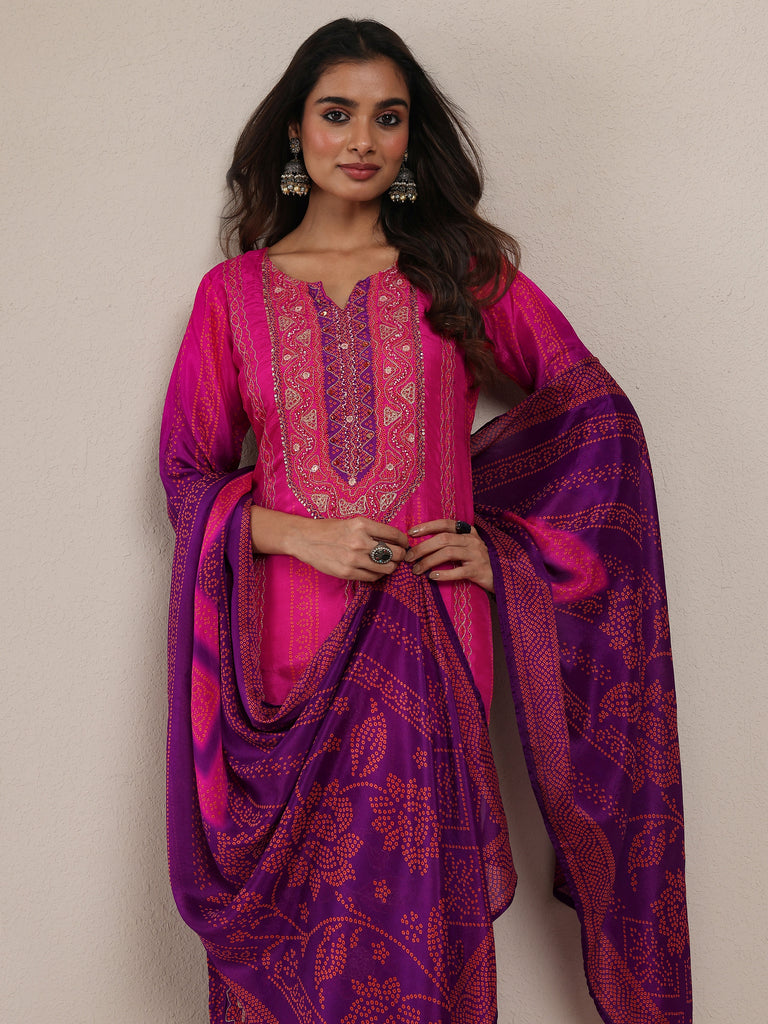 Libas Pink Printed Silk Blend Straight Suit Set With Dupatta
