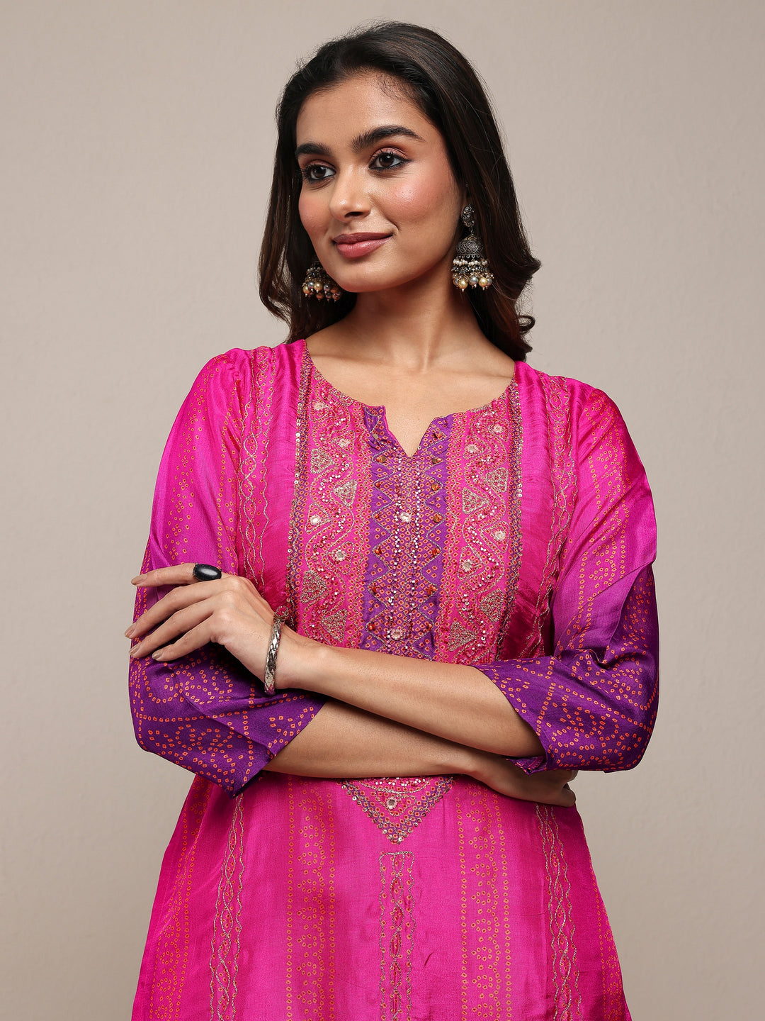  Pink Printed Silk Blend Straight Suit Set With Dupatta 