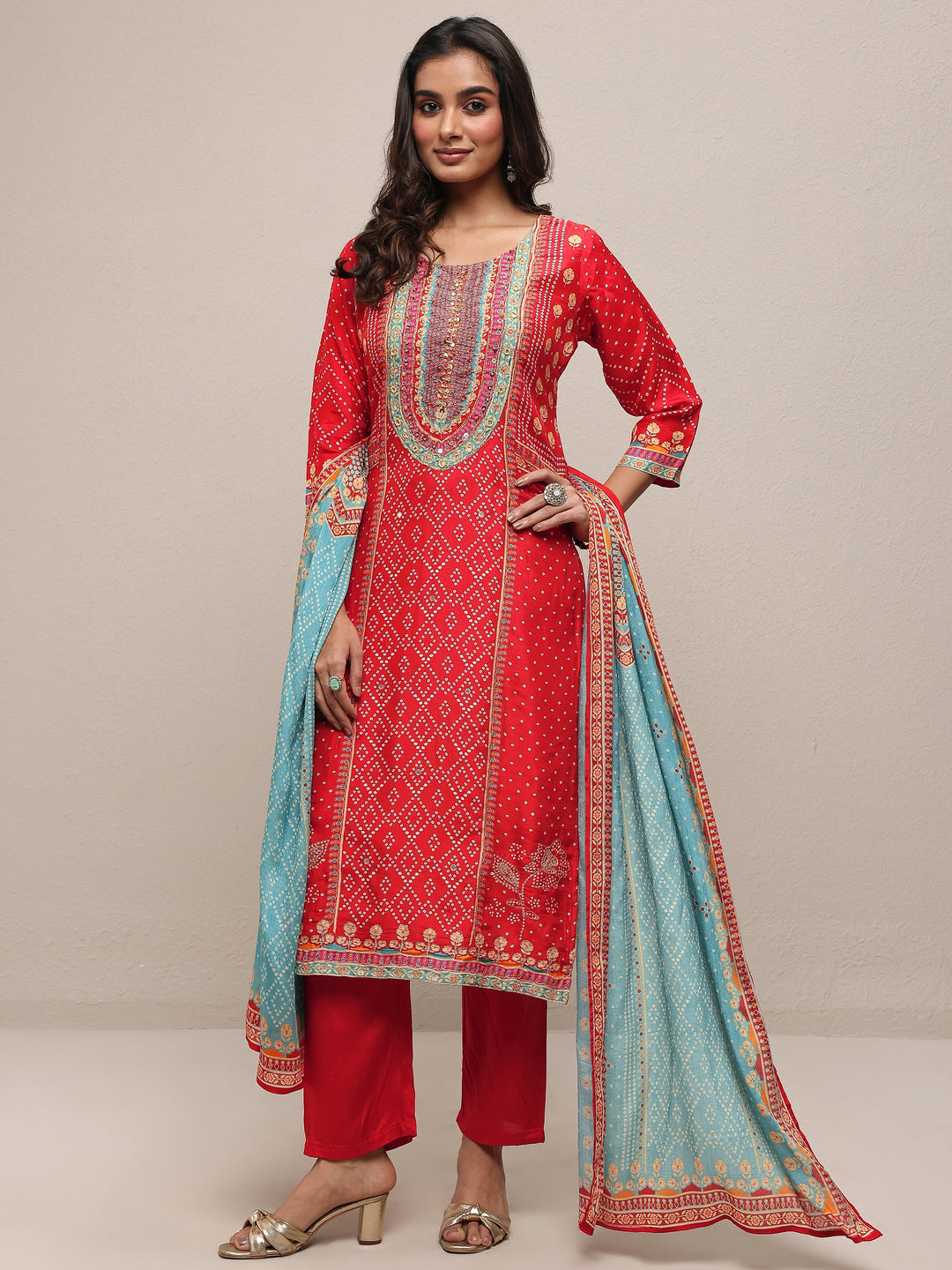  Red Printed Silk Blend Straight Suit Set With Dupatta 