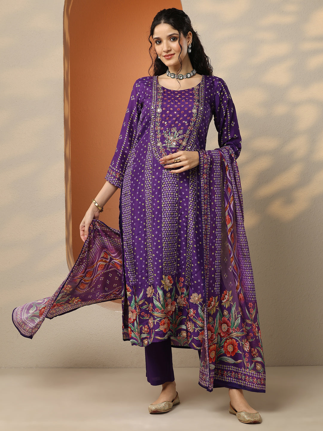  Purple Bandhani Printed Silk Blend Straight Suit Set With Dupatta 