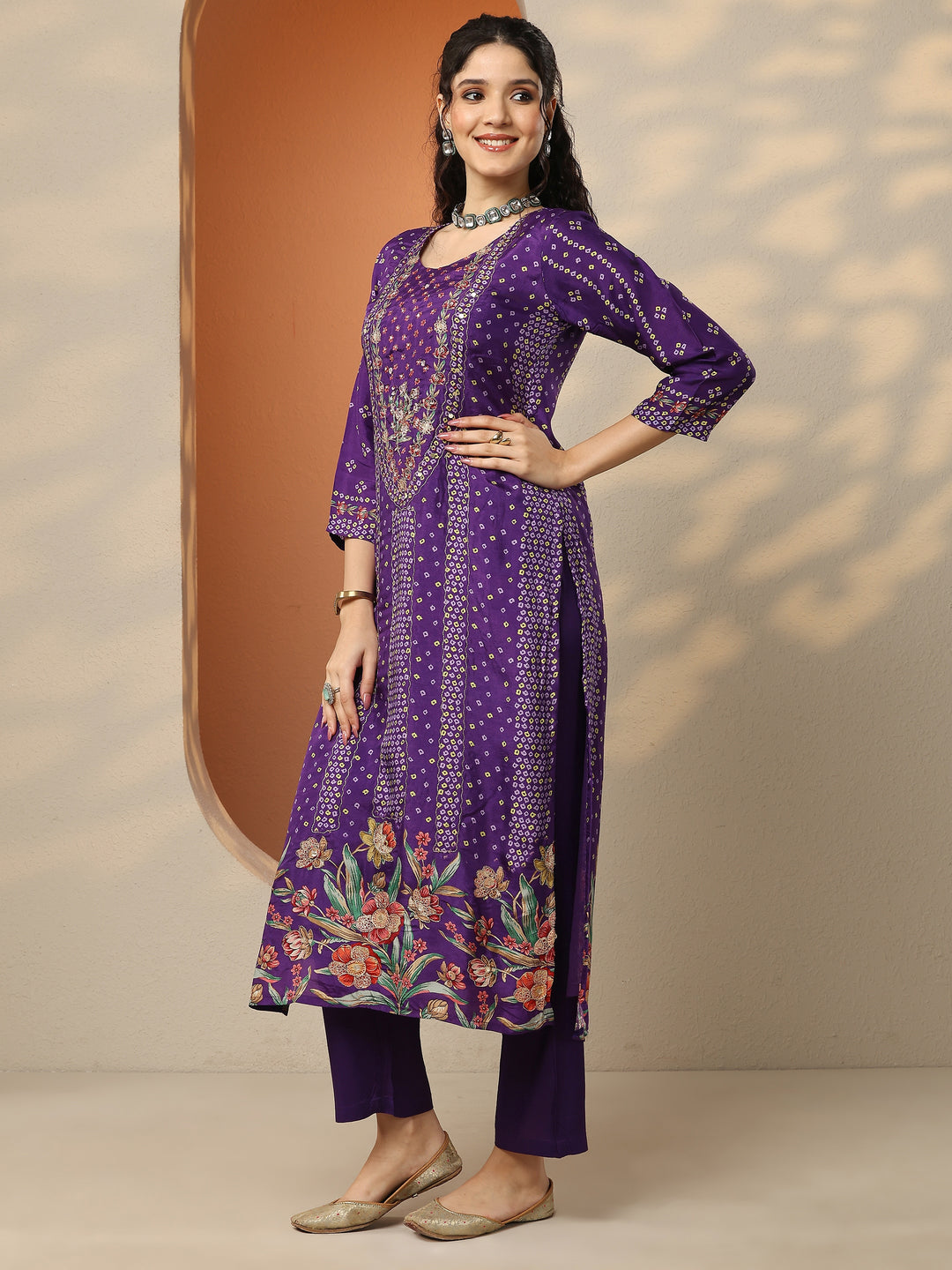  Purple Bandhani Printed Silk Blend Straight Suit Set With Dupatta 