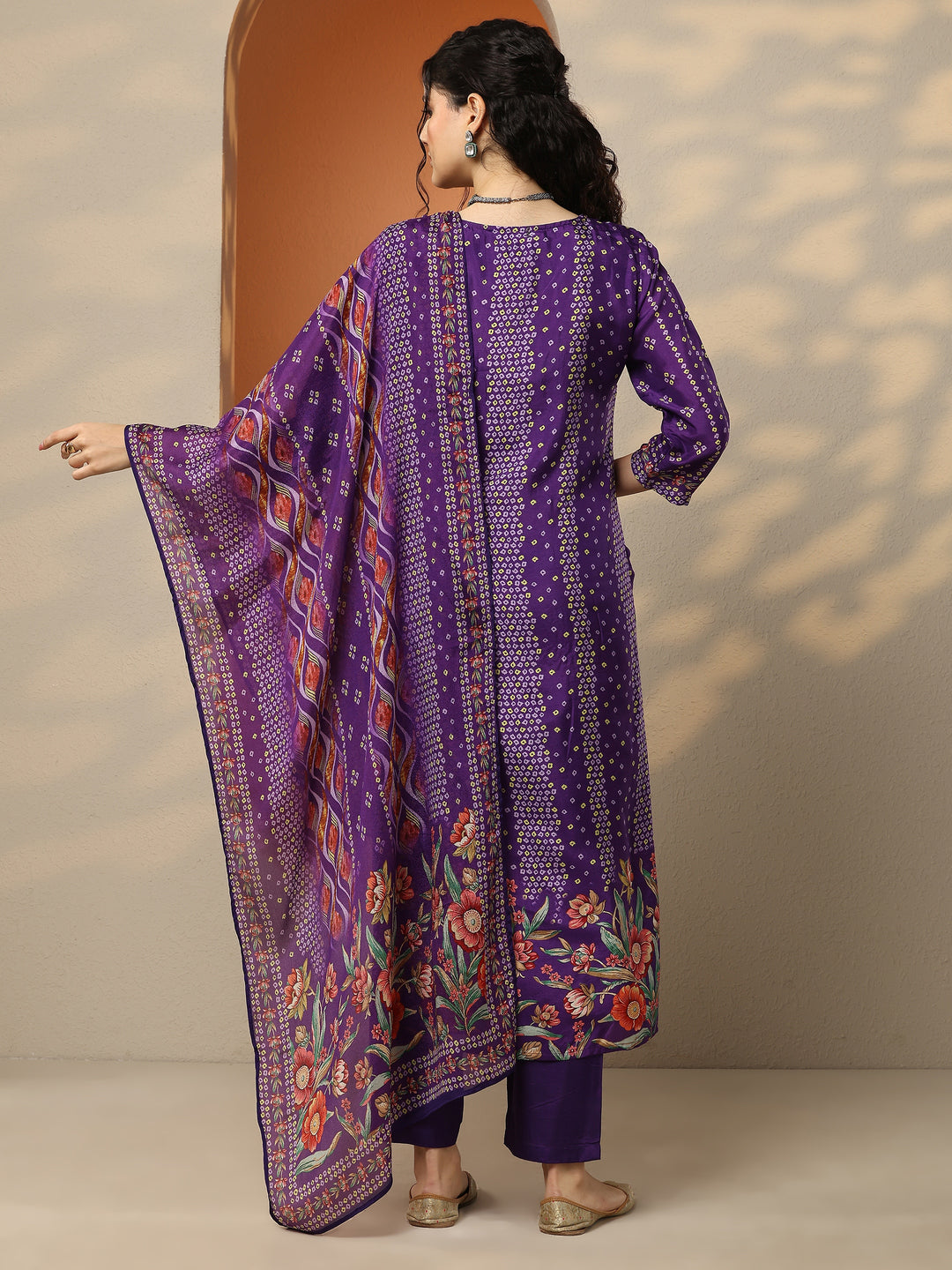  Purple Bandhani Printed Silk Blend Straight Suit Set With Dupatta 