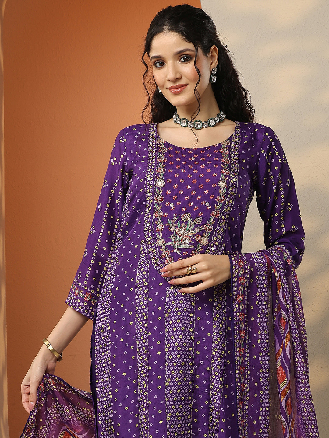  Purple Bandhani Printed Silk Blend Straight Suit Set With Dupatta 