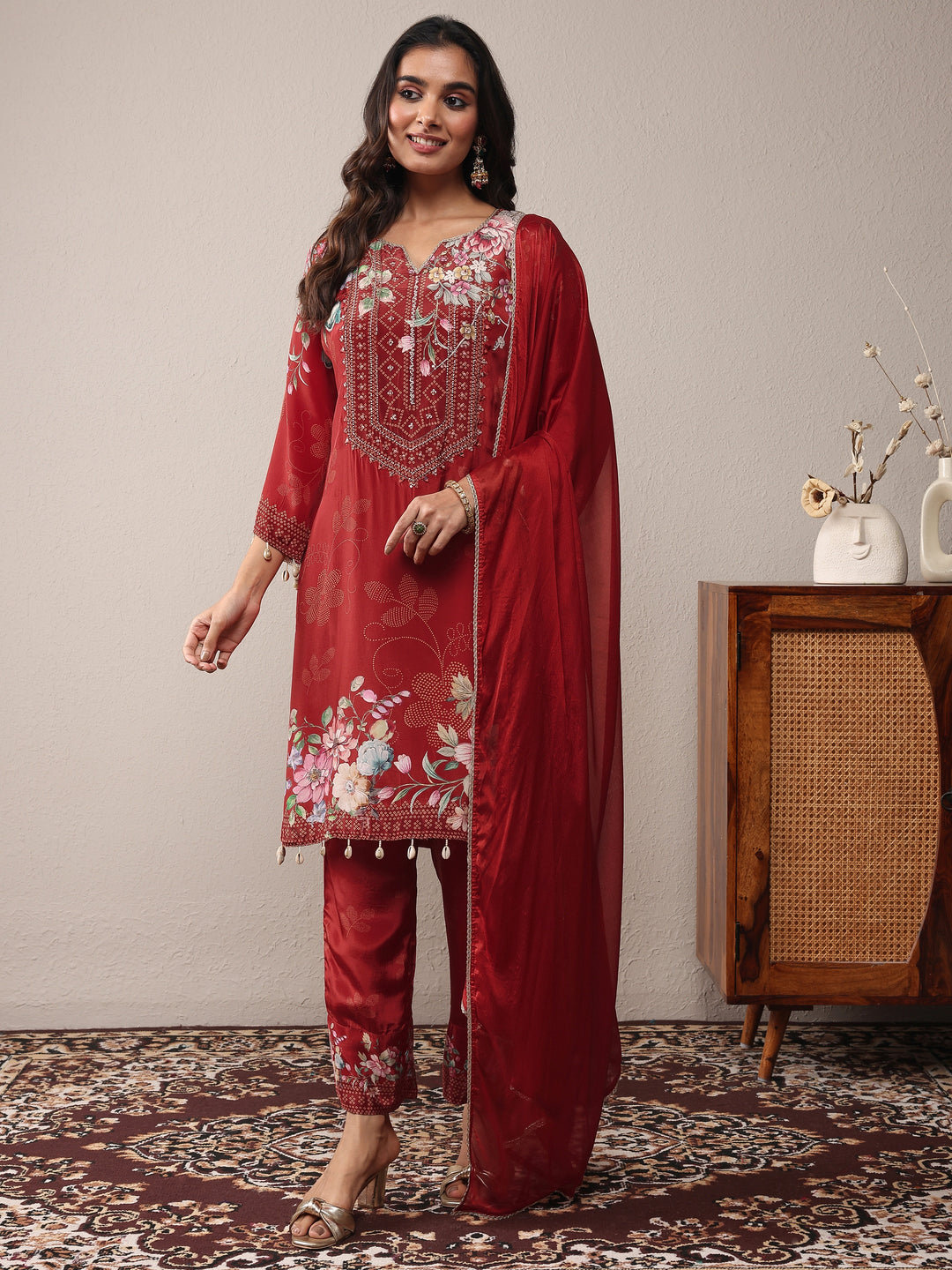  Libas Art Maroon Printed Silk Crepe Straight Suit Set With Dupatta 